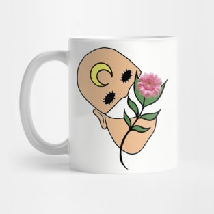 Surreal Face with Moon on Forehead and Pink Gerber Daisy Mug